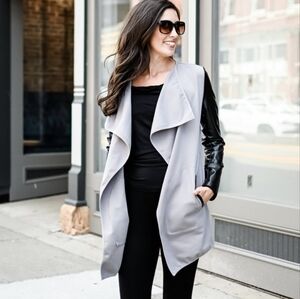 Cabi Faux Leather Jacket Women XXS Black Gray Open Front Stretch Casual Comfy
